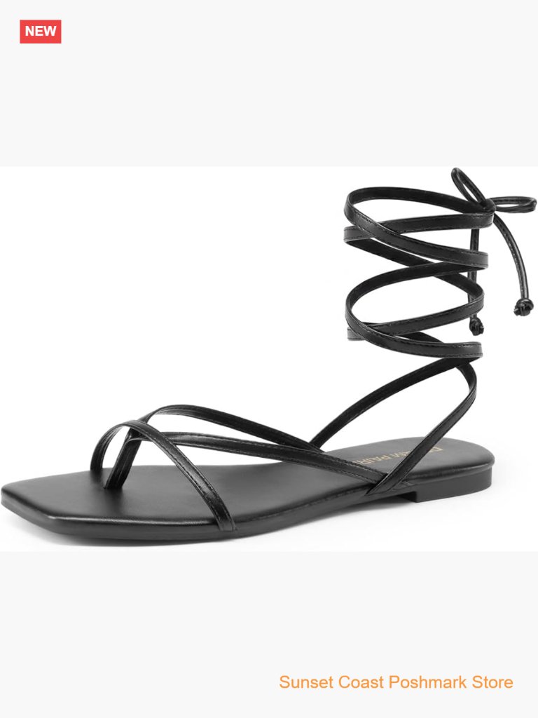 Strappy Flat Sandals Lace Up Gladiator Square Toe Faux Leather Summer